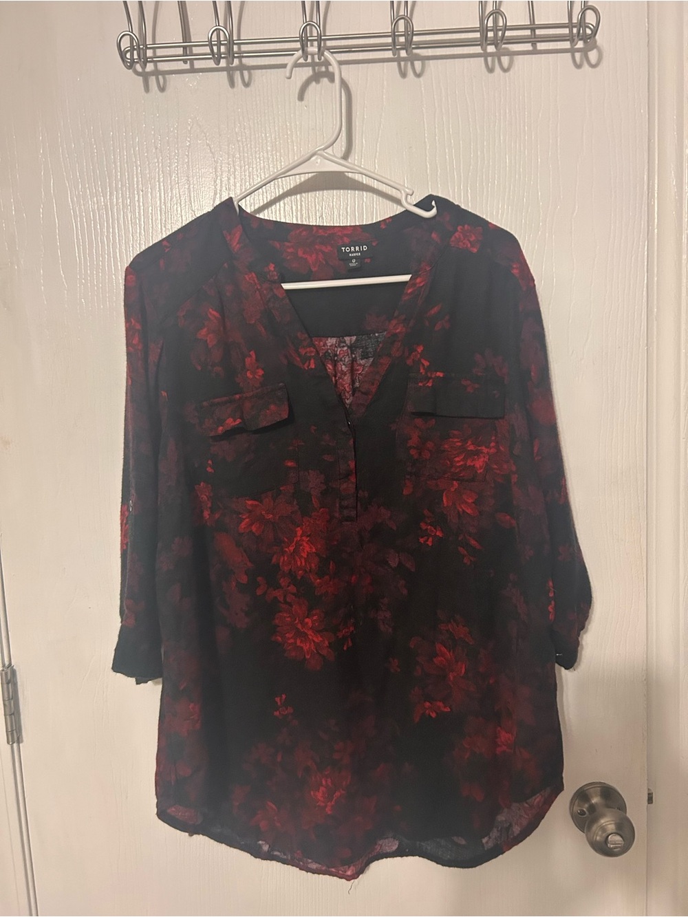 torrid Black and Red Floral V-Neck Blouse